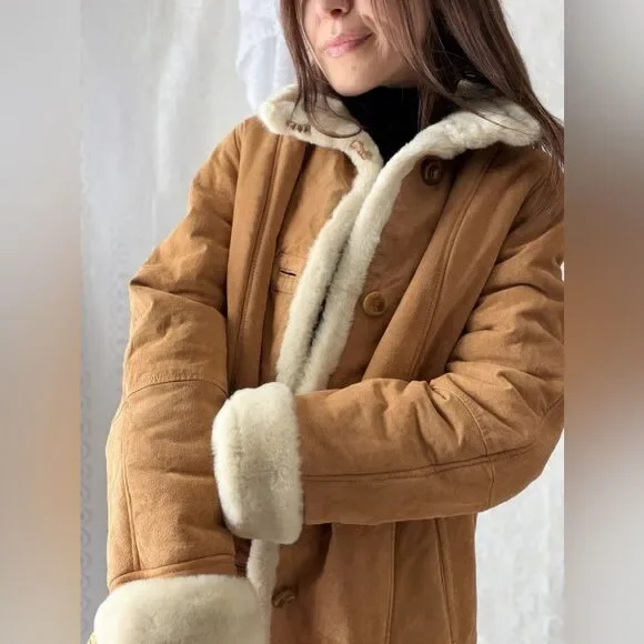 Vintage 90s Faux Shearling Gallery Caramel Winter Coat Warm Lined Medium - Picture 5 of 12